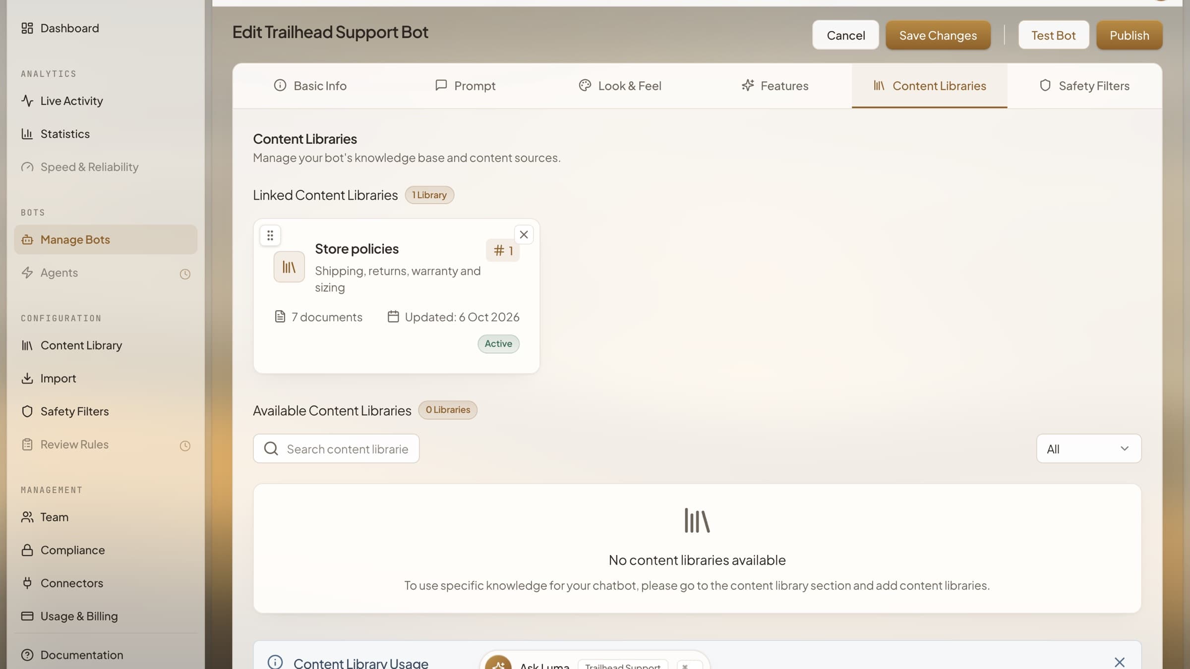 HoverBot bot editor on the Content Libraries tab showing a linked Store policies library