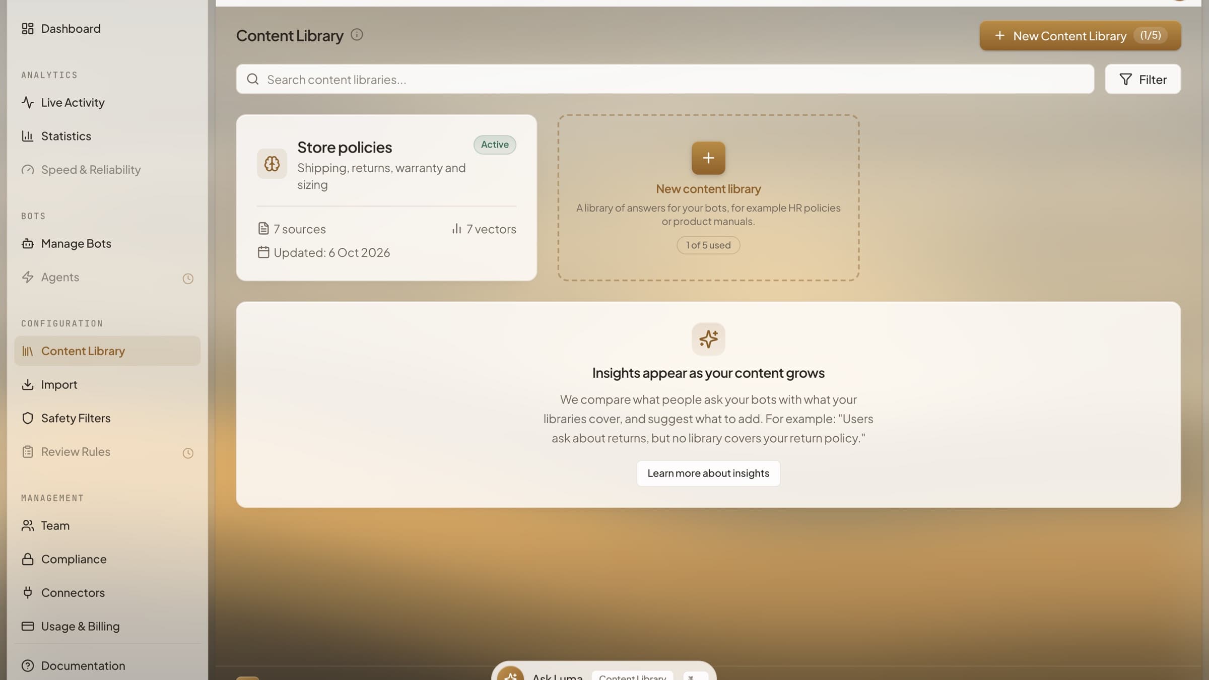 HoverBot Content Library page with a Store policies library card