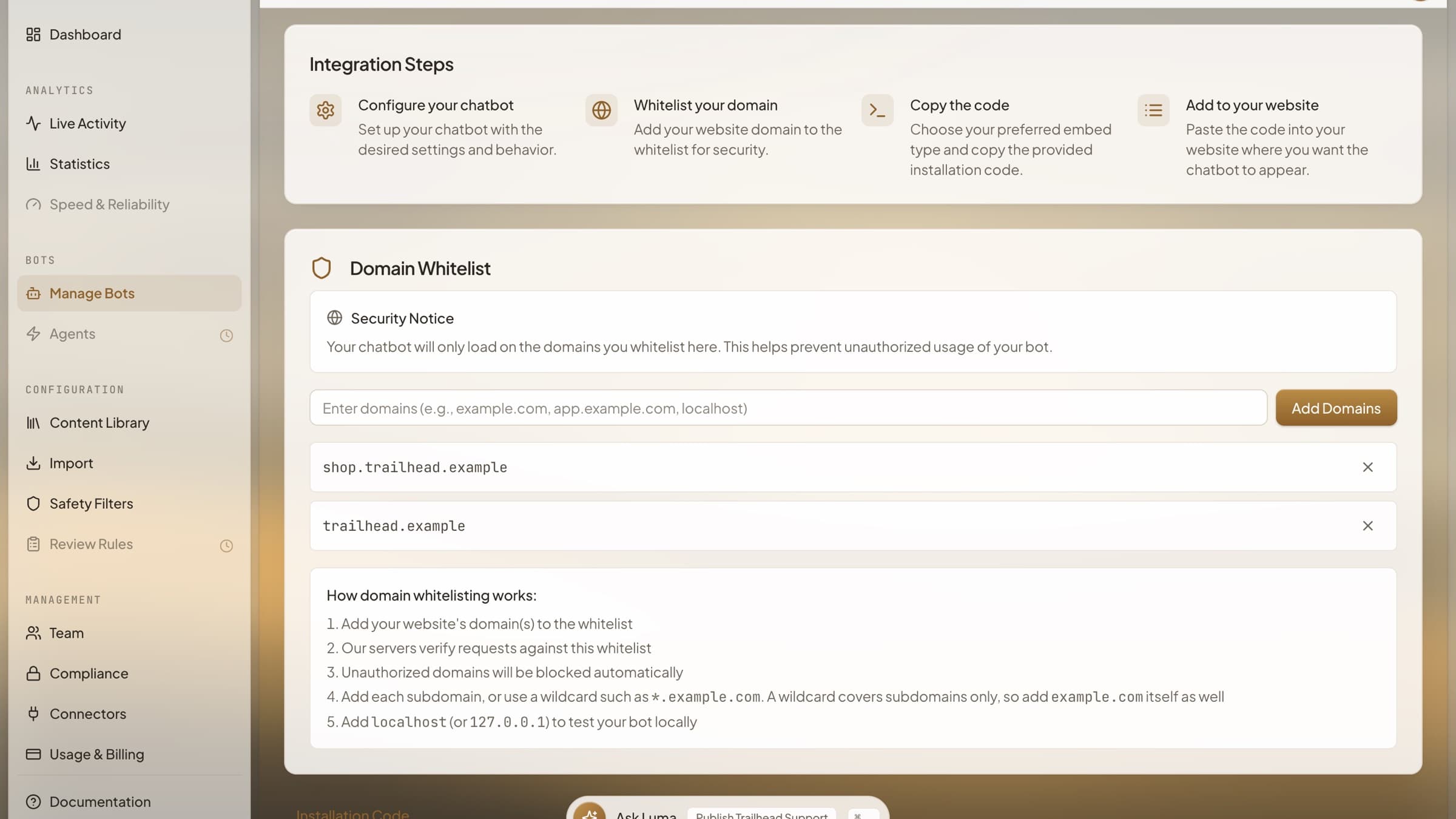 HoverBot publish page with integration steps and a domain allow list for the sample store