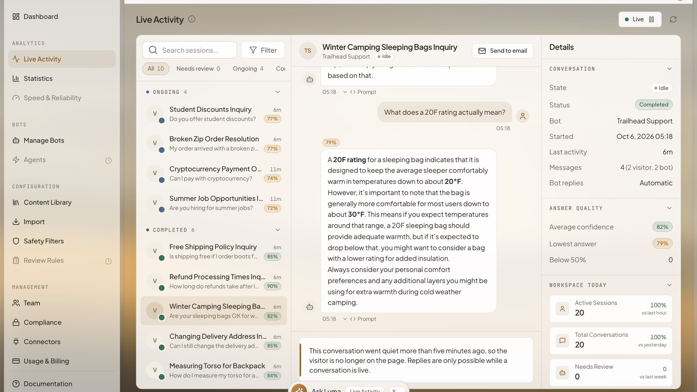 HoverBot Live Activity inbox with a list of shopper conversations, an open conversation about sleeping bag ratings, and conversation details