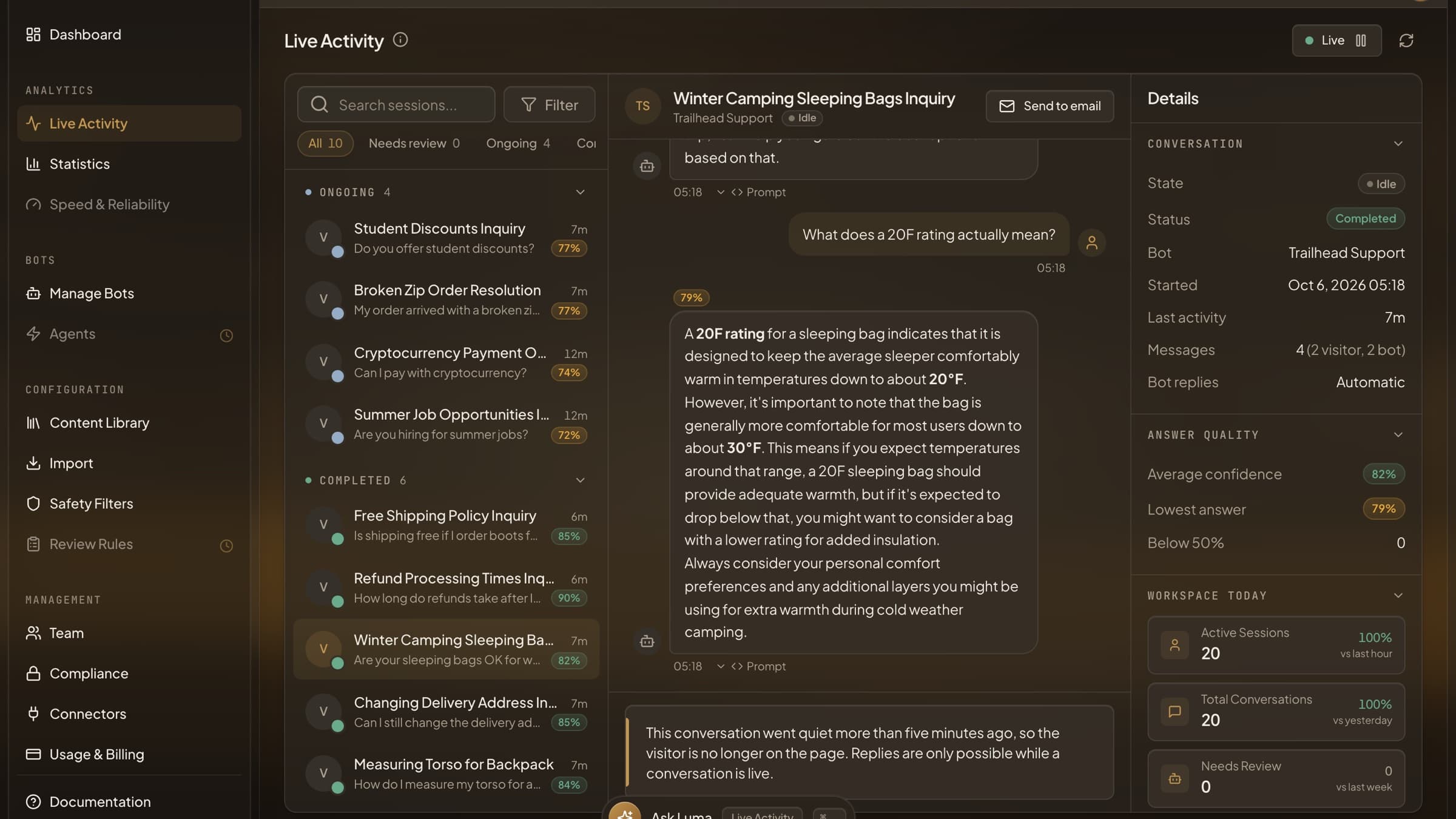 HoverBot Live Activity inbox in dark mode with an open conversation and its details panel