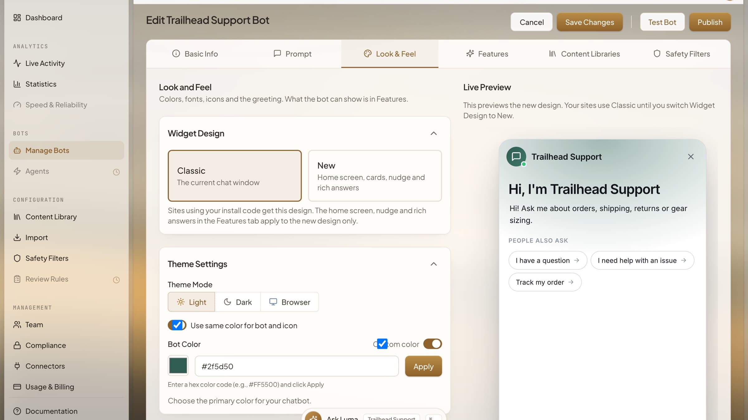 HoverBot bot editor on the Look and Feel tab, with widget design, theme and colour settings next to a live preview of the chat widget