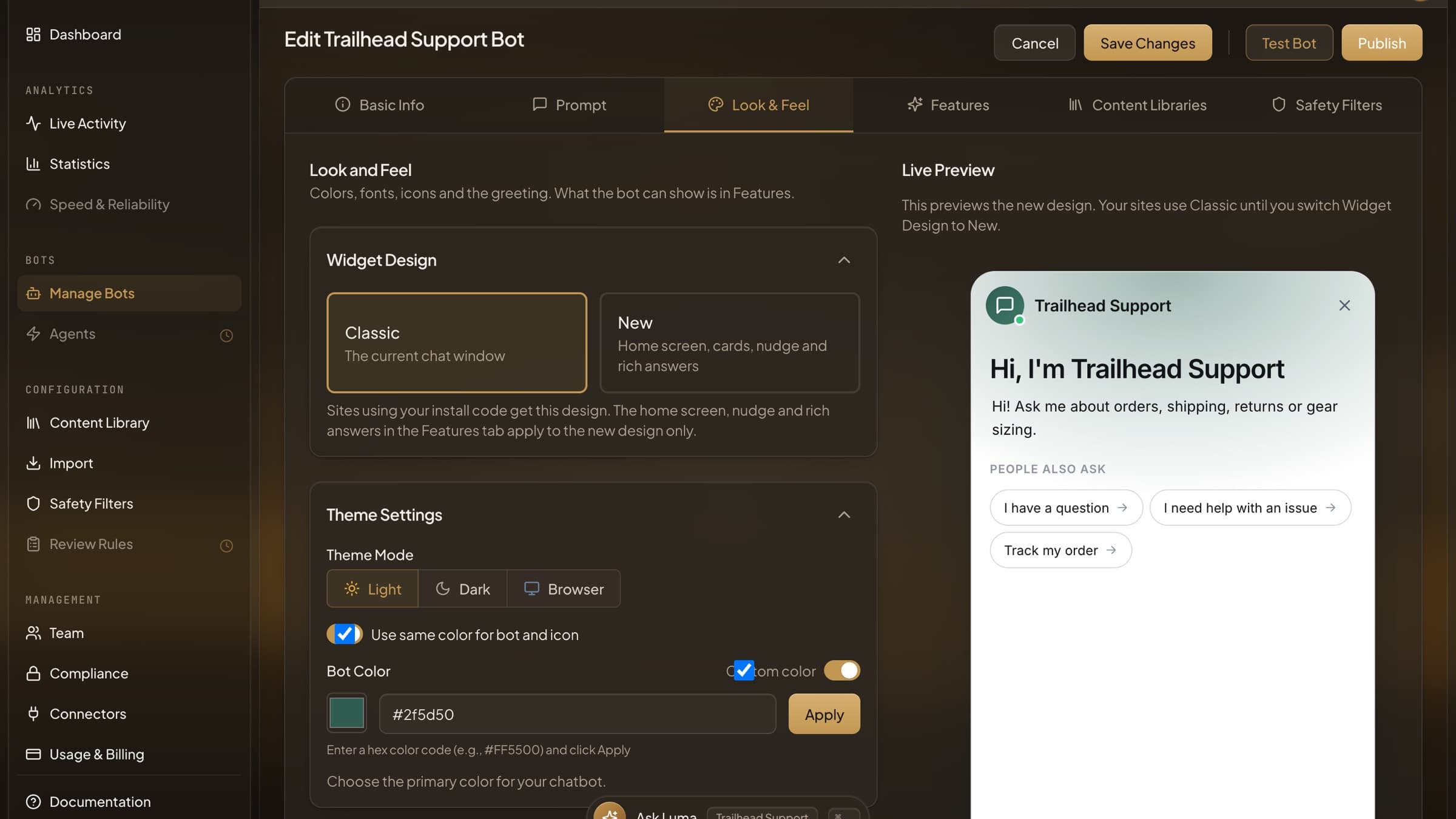 HoverBot bot editor in dark mode on the Look and Feel tab with a live widget preview