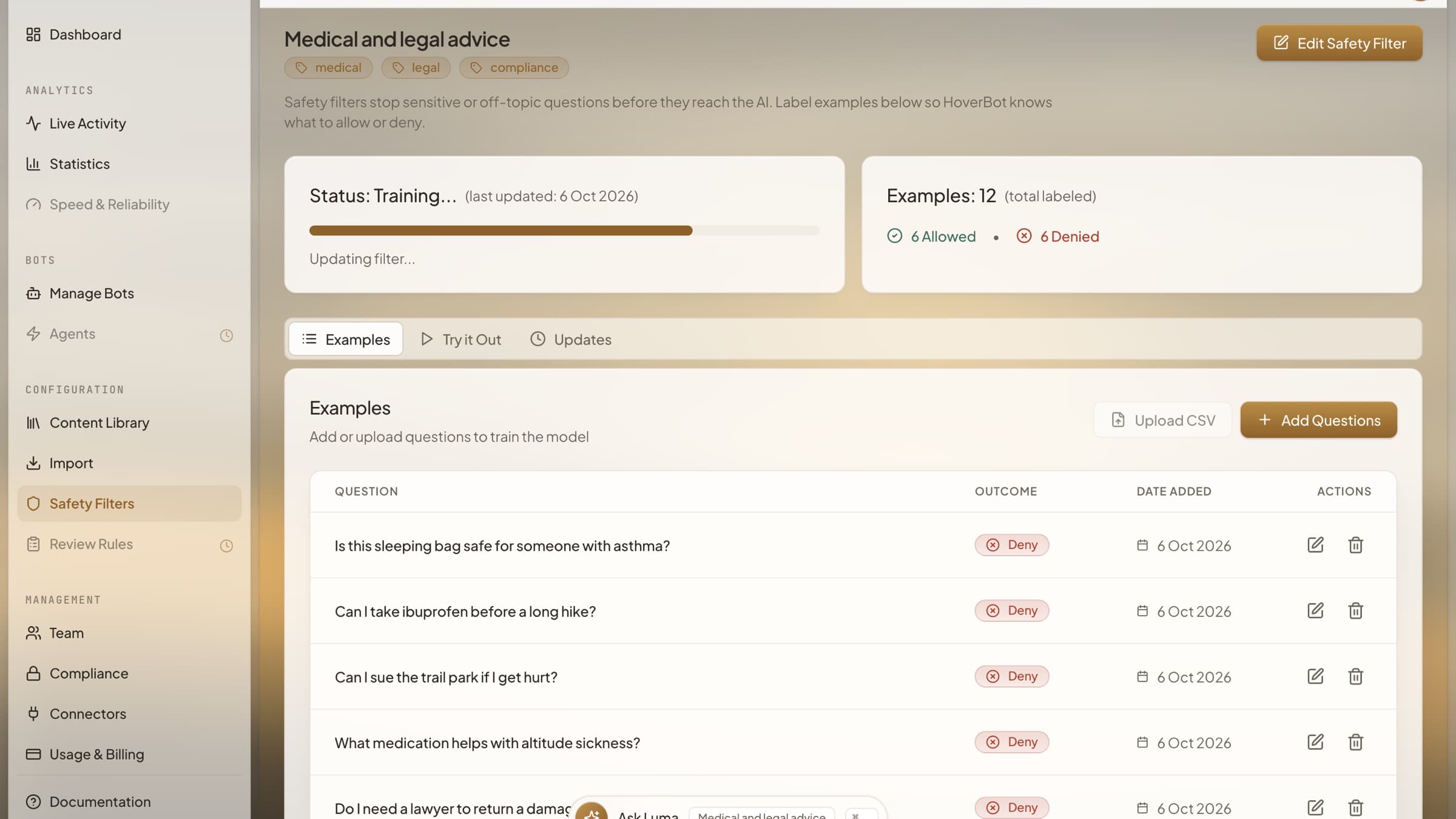 HoverBot safety filter for medical and legal advice with labelled example questions marked allow or deny