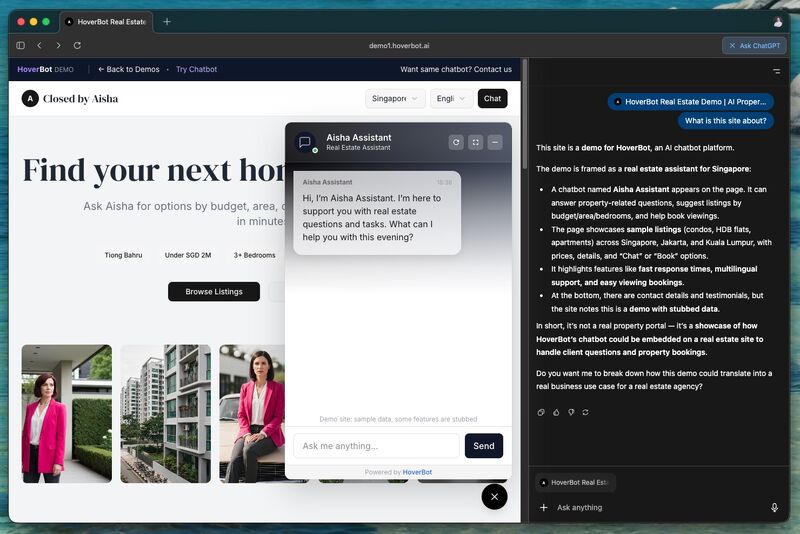 Agentic browser interface showing chatbot panel alongside web content