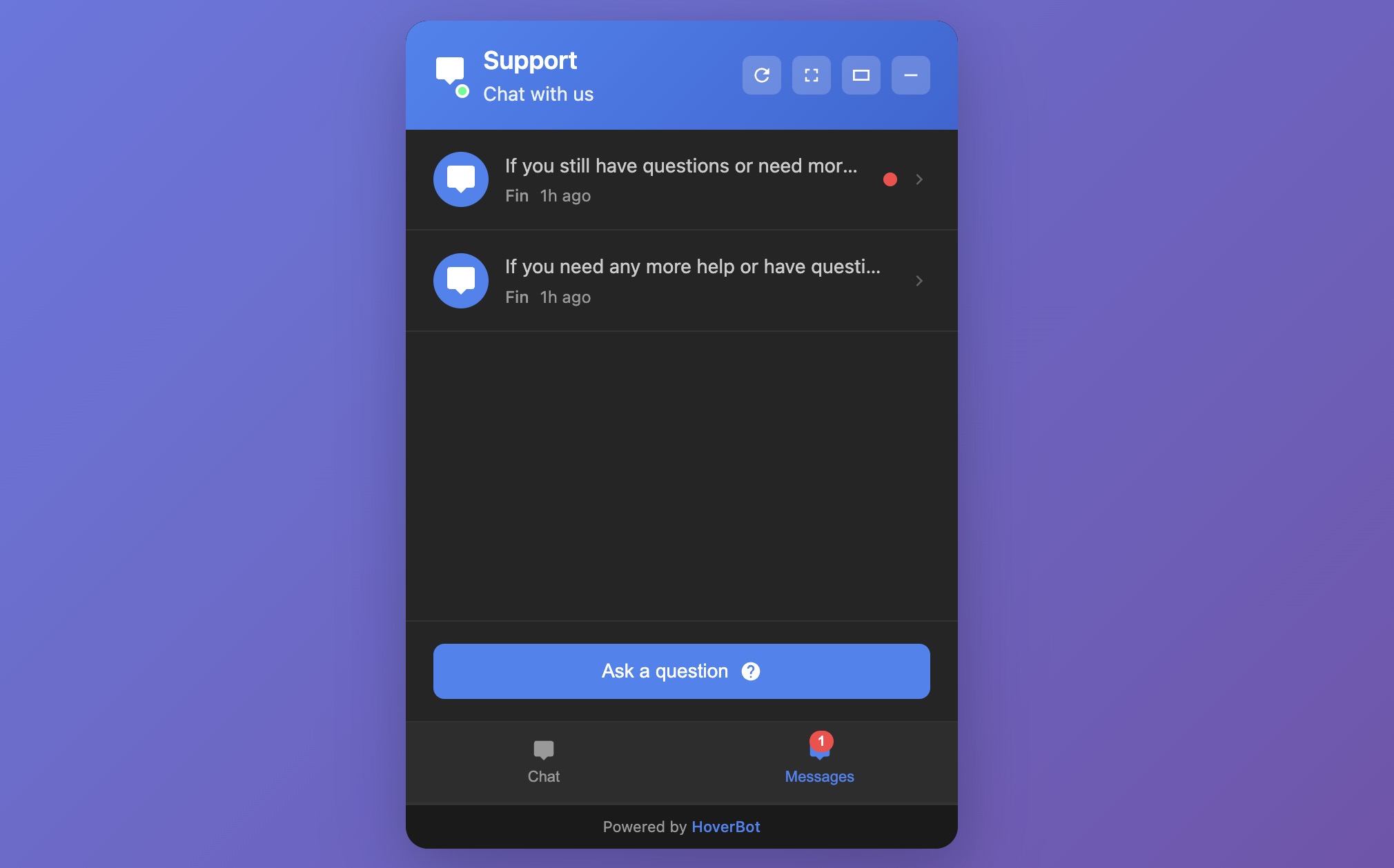 Messages list widget showing conversation history with multiple threads and notifications