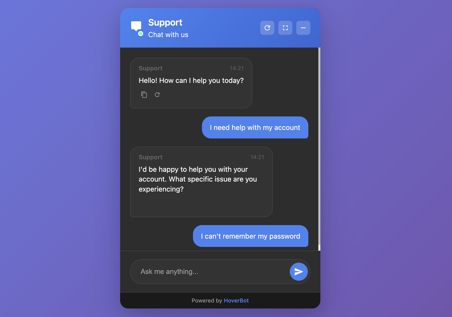 Simple chat bubble widget showing a support conversation interface with 'Hello! How can I help you today?' message