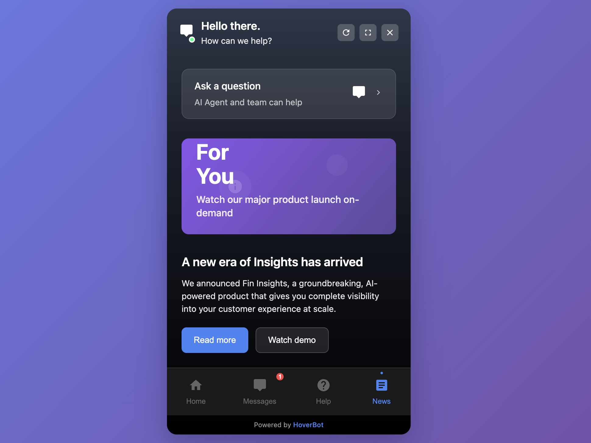 Multi-tab widget showing super-app interface with Home, Messages, Help, and News tabs, featuring promotional content and navigation
