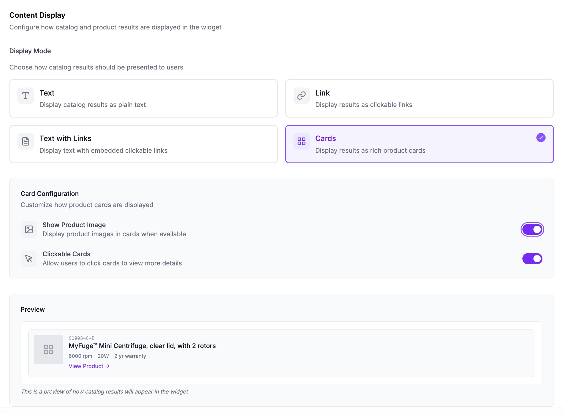 HoverBot content display configuration showing display modes and card settings with a product card preview