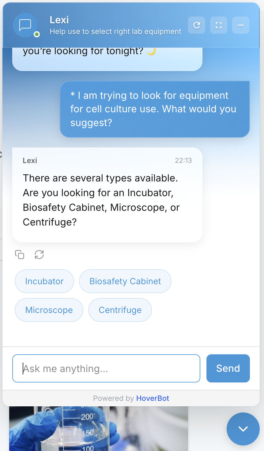 Conversation chips example showing equipment type options like Incubator, Biosafety Cabinet, Microscope, and Centrifuge