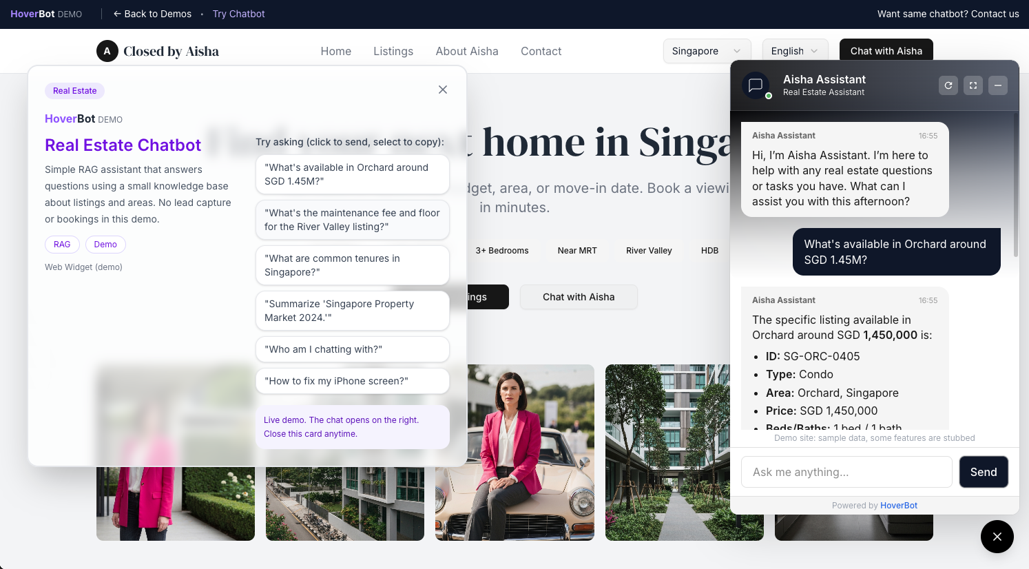 HoverBot real estate demo showing Aisha Assistant chatbot interface with property search functionality and suggested prompts