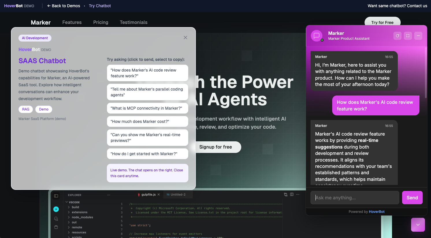 HoverBot SaaS demo showing Marker Product Assistant chatbot interface with developer tool features and code review capabilities