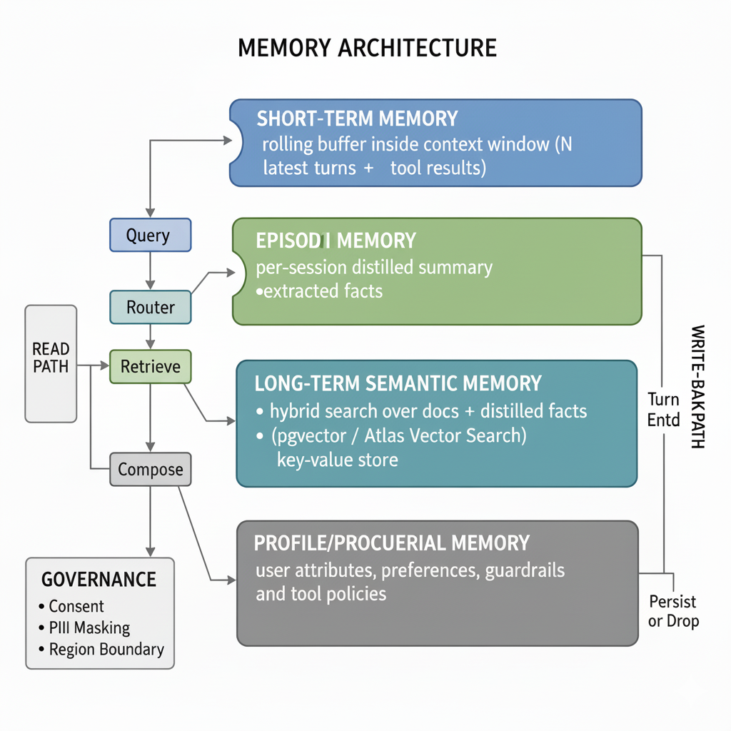Memory Architecture diagram showing the four-layer memory system with Short-term Memory, Episodic Memory, Long-term Semantic Memory, and Profile/Procedural Memory, along with the query flow and governance controls