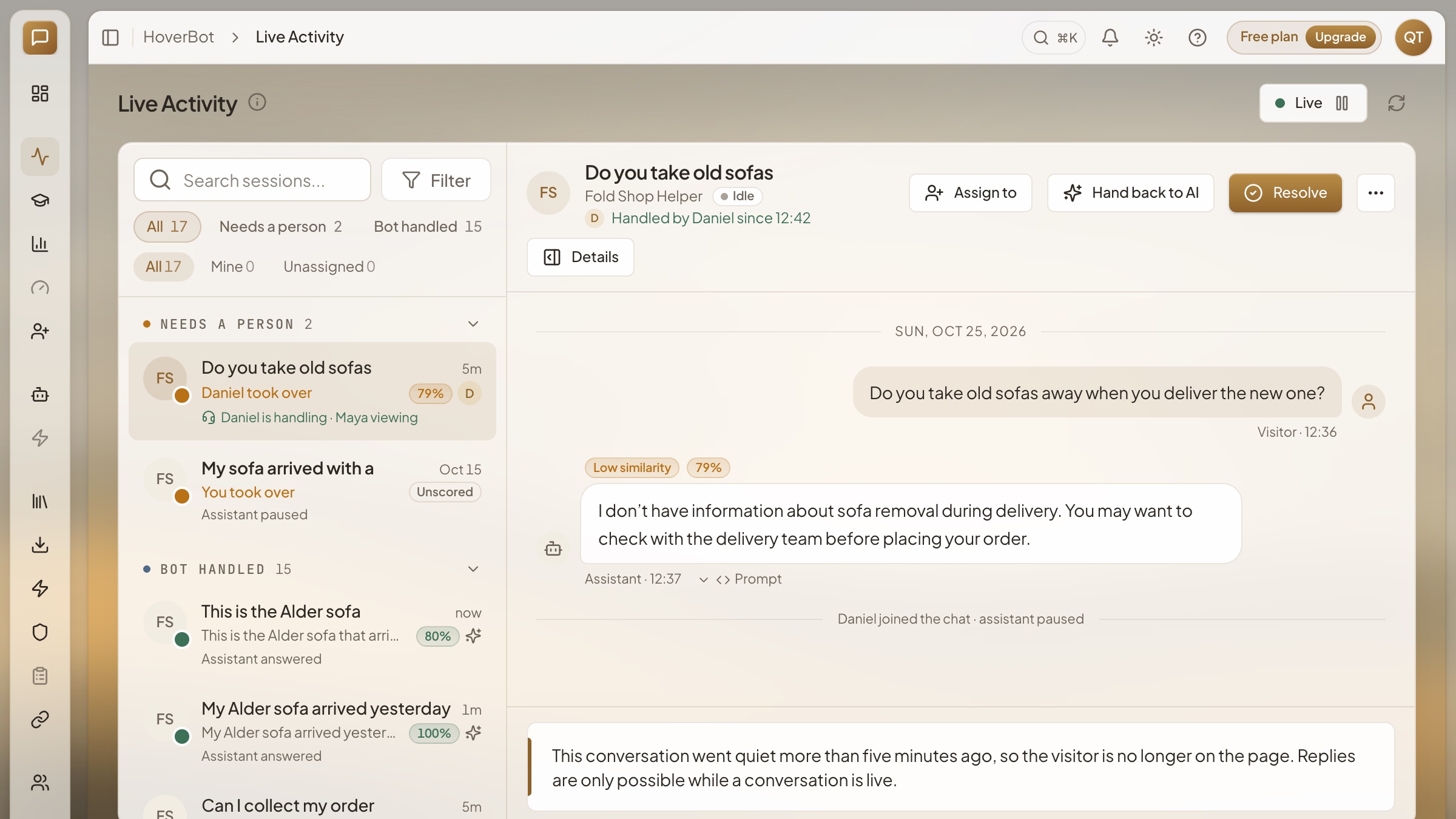 Sample HoverBot support inbox showing a conversation, teammates and an assignment control