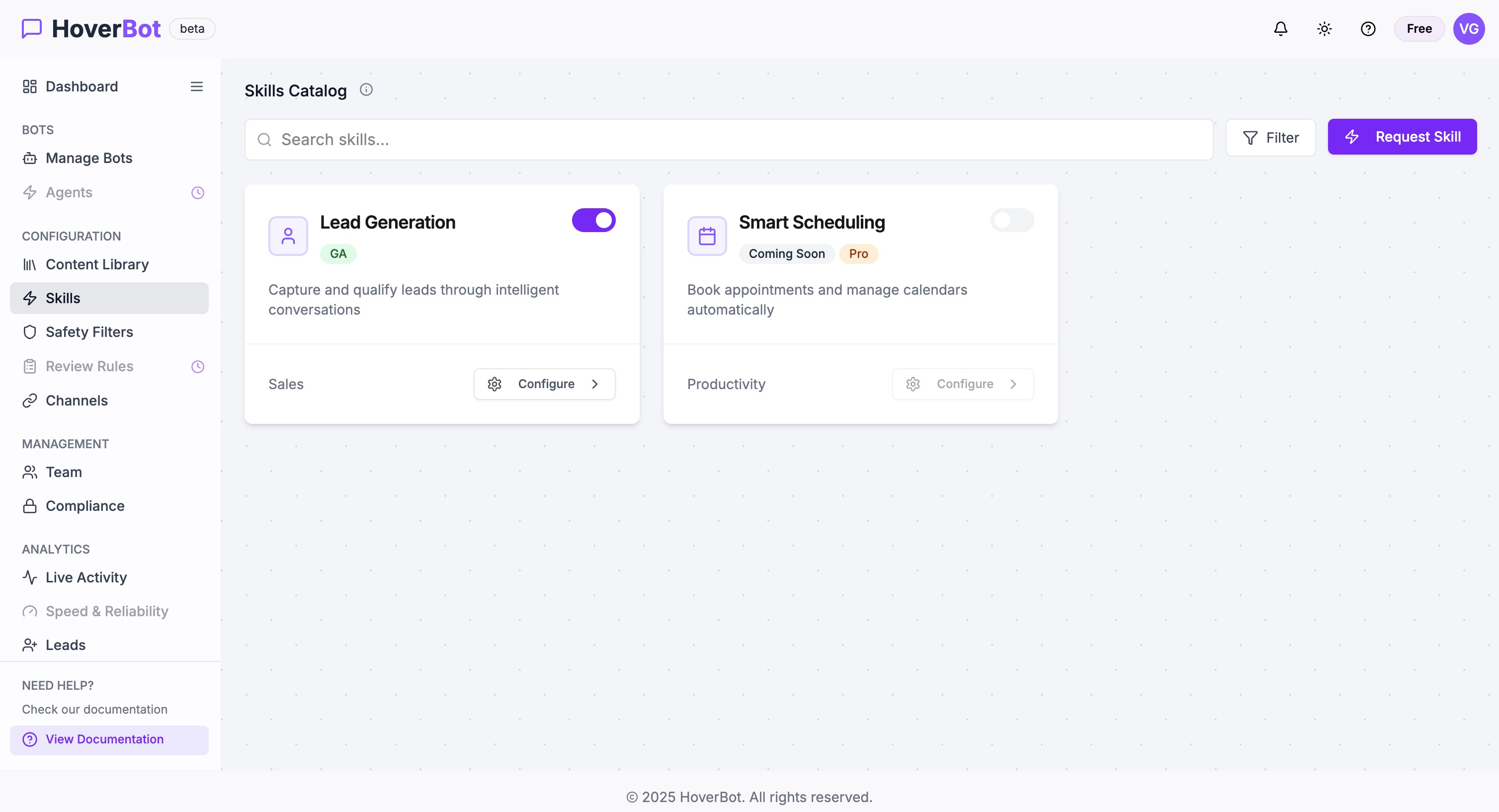 HoverBot Skills UI – example of skill configuration in the chatbot setup